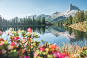 Sunrise at Lake Federa in summer time, on the background the Becco di Mezzodi, Dolomites, Cortina d'Ampezzo, Belluno, Veneto, Italy Sunrise at Lake Federa in summer time, on the background the Becco di Mezzodi, Dolomites, Cortina d'Ampezzo, Belluno, Veneto, Italy